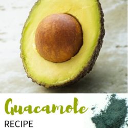 Image of an avocado with spirulina powder and text overlay 'Guacamole recipe with health-boosting spirulina'